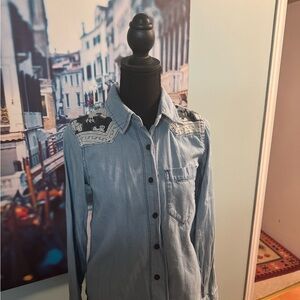 Free People Light Wash Denim Button-Up Shirt with Embroidered Yoke